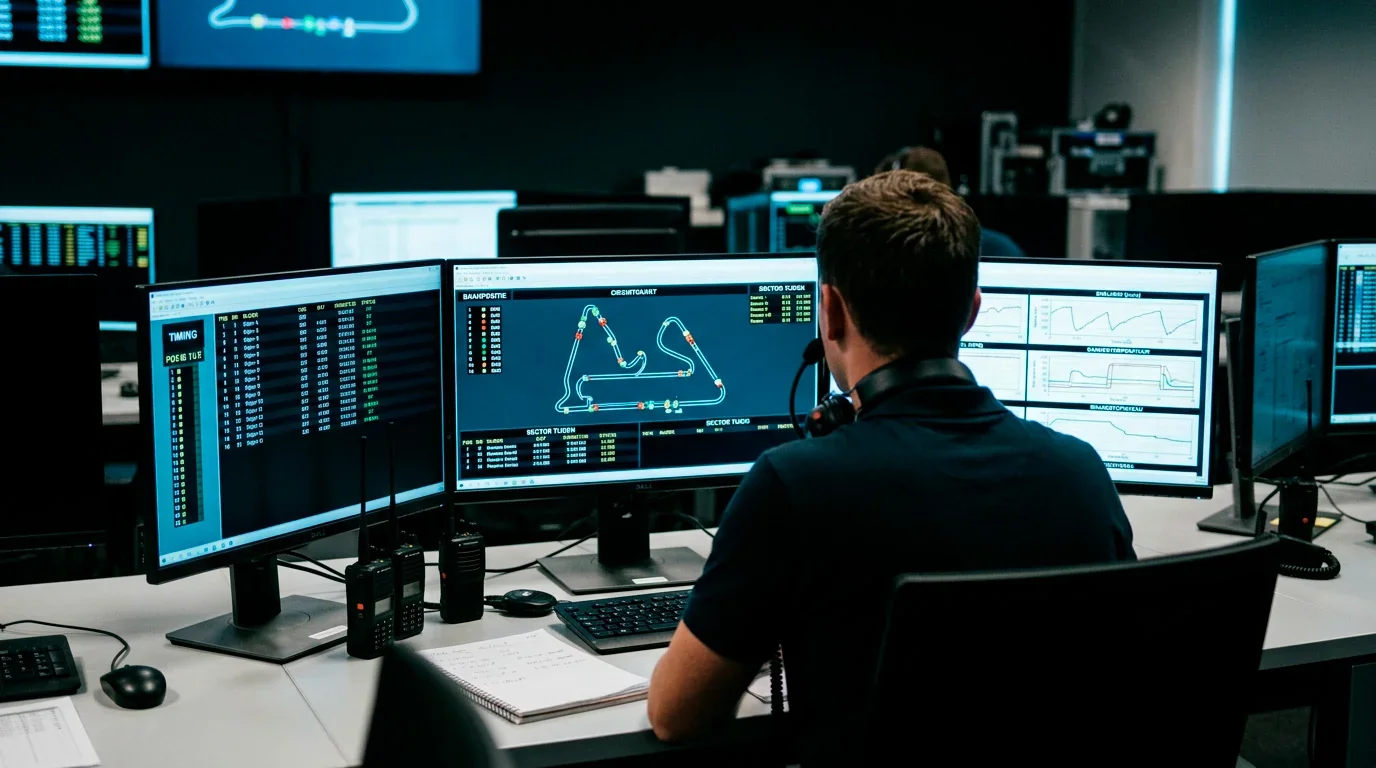 Schermen met live F1-data en telemetrie in een racecontrole-omgeving
